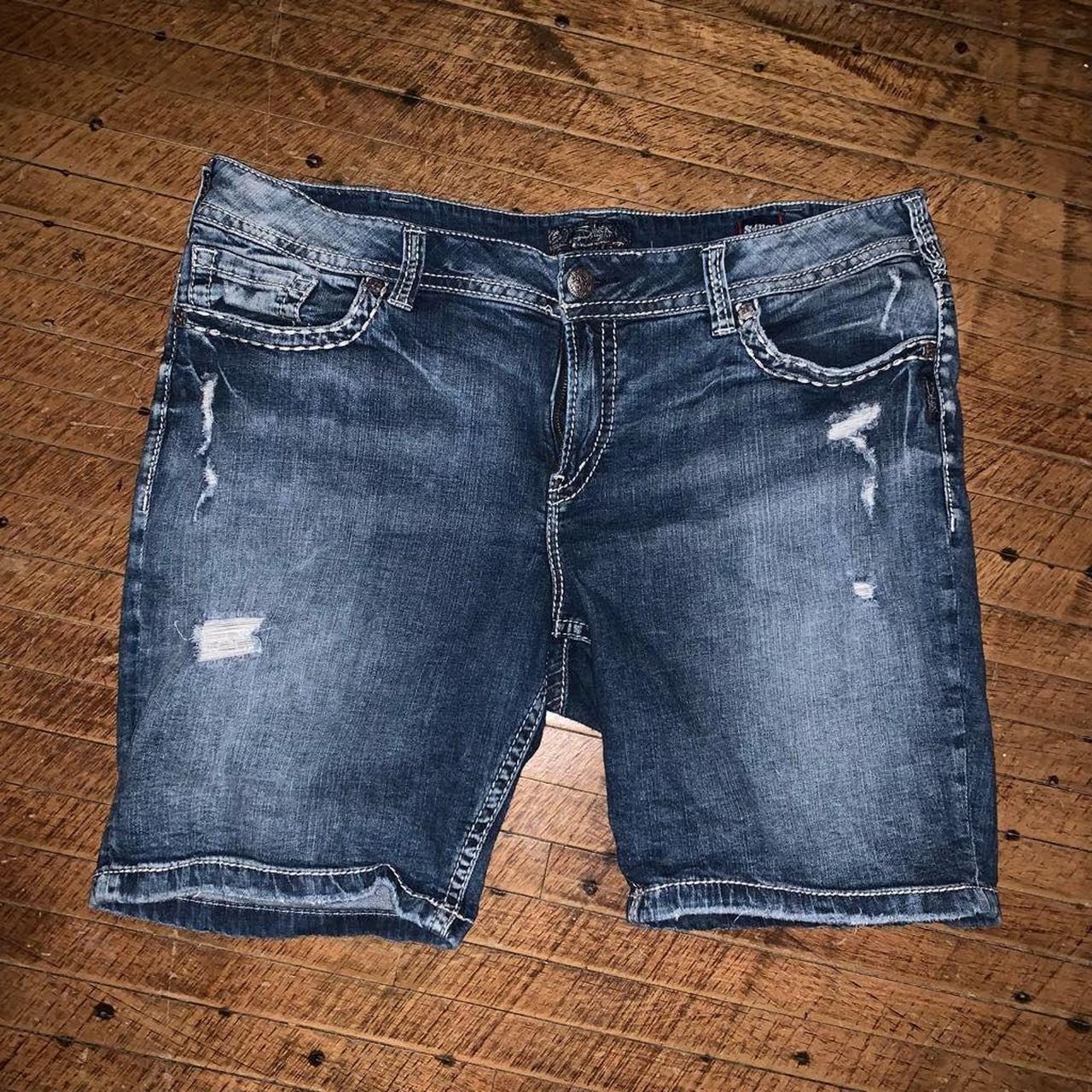 Silver distressed, mid-rise, Bermuda denim shorts.... - Depop