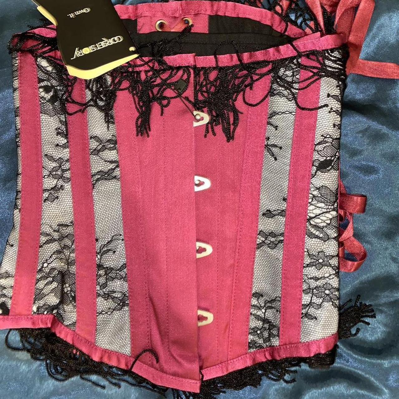 CORSET STORY UNDERBUST SATIN AND FRINGE PINK/BLACK... Depop