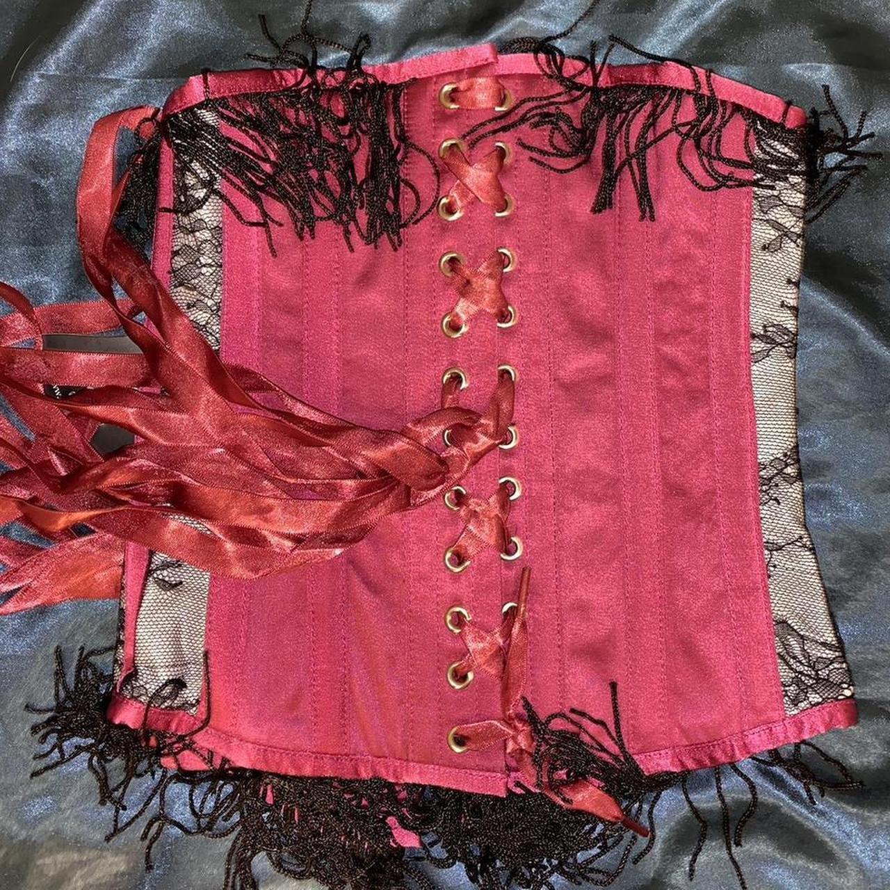 CORSET STORY UNDERBUST SATIN AND FRINGE PINK/BLACK... Depop