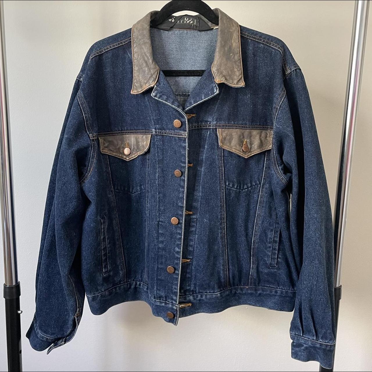 Vintage 80s denim and leather jacket. Size:... - Depop