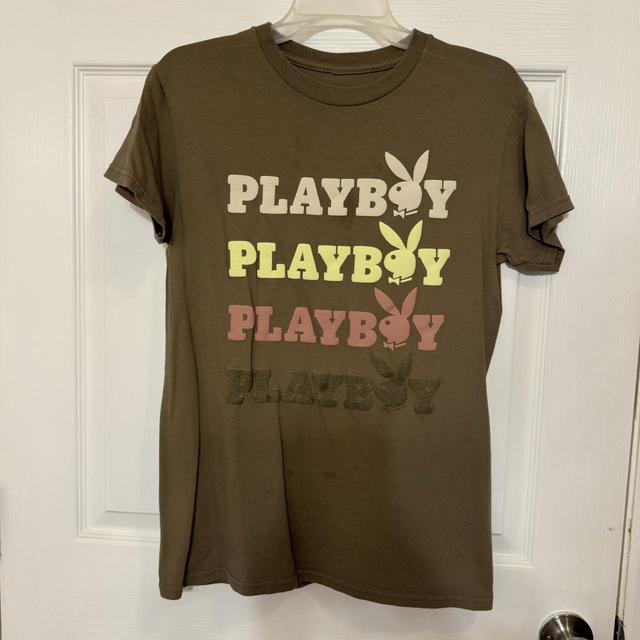 Pink Playboy Bunny logo t-shirt with silver Depop