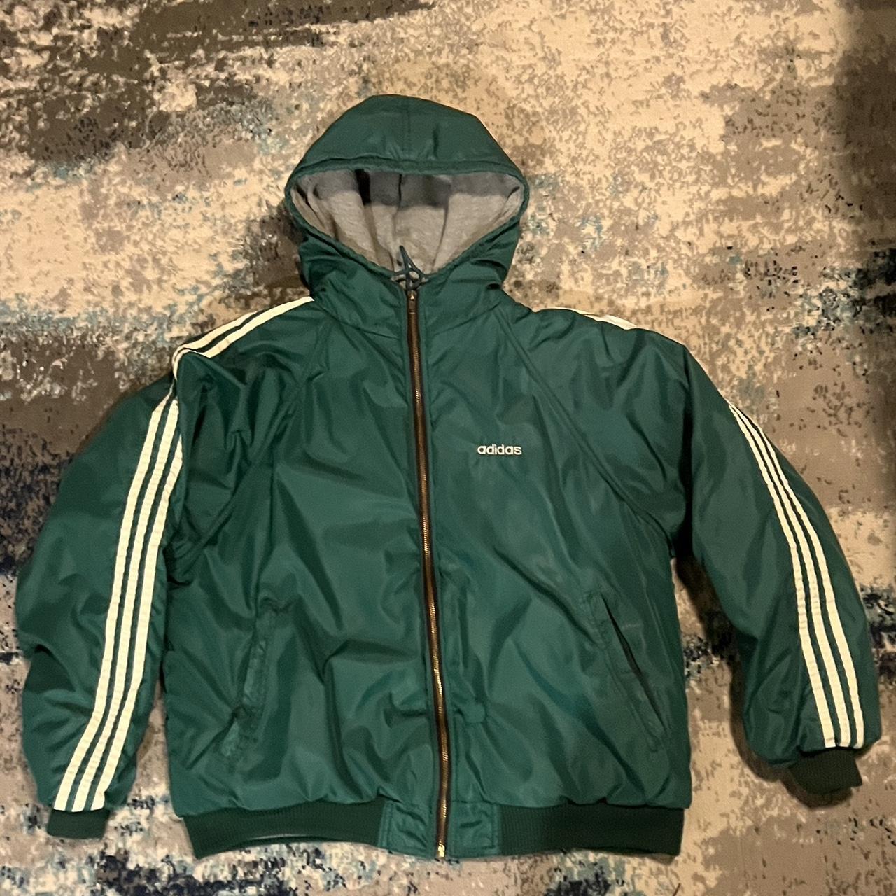 Adidas reversible green and white puffer jacket fits | Depop