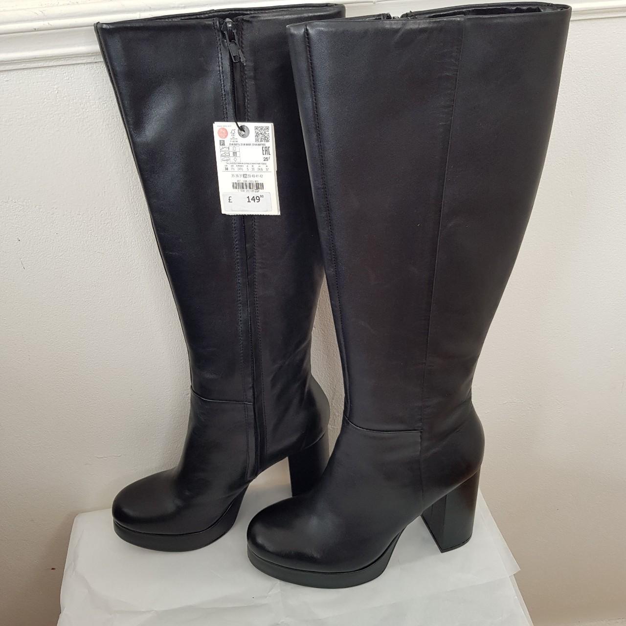 ZARA LEATHER PLATFORM BOOTS Leather knee high... - Depop