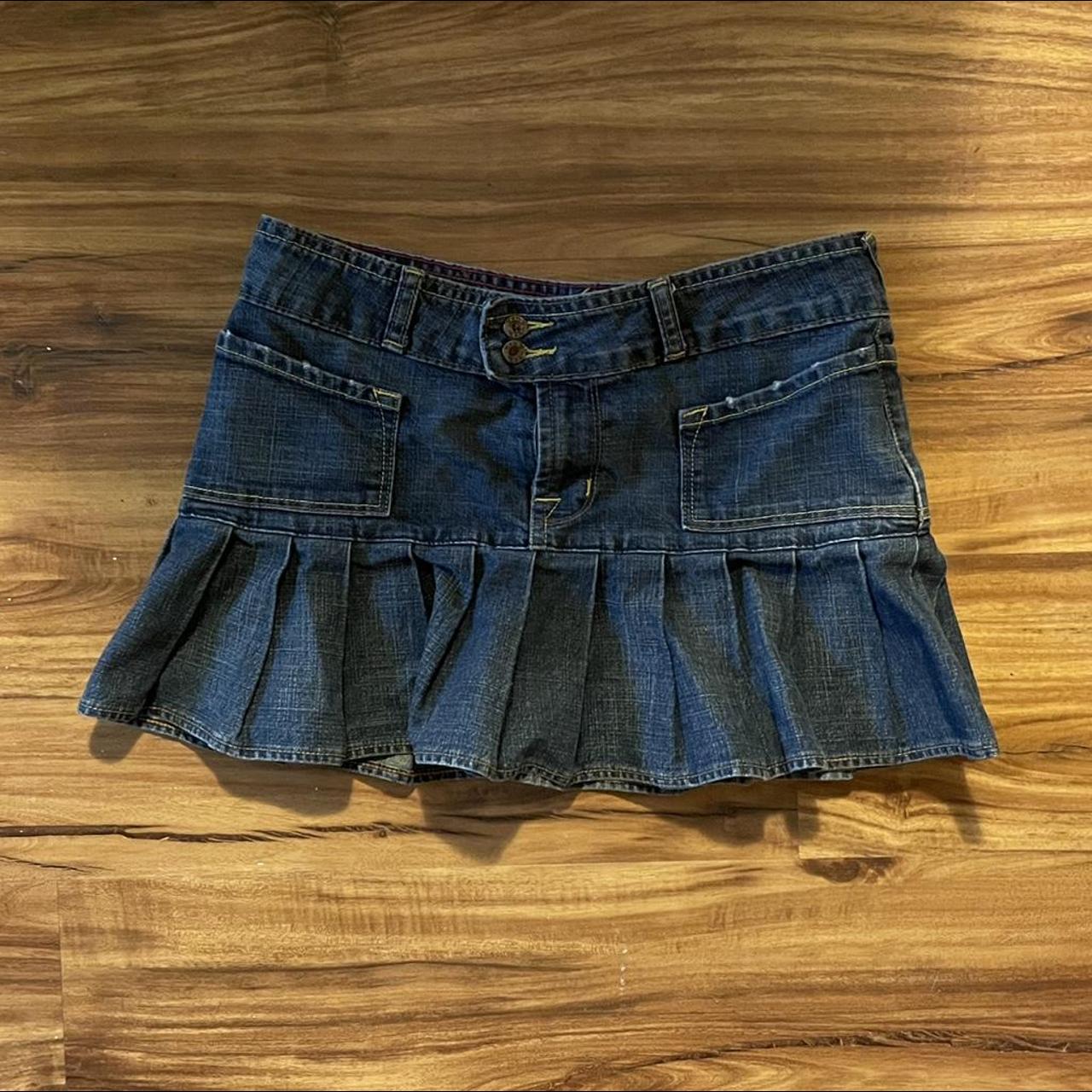 Von Dutch pleated denim mini skirt Size: - Depop