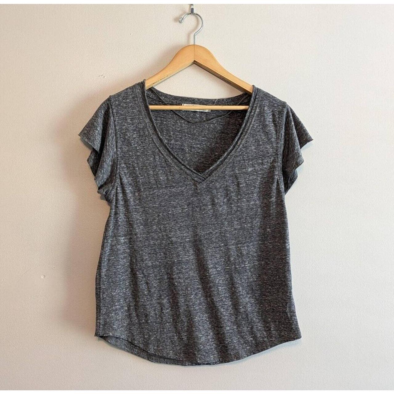 We The Free Gray Raw Edge Short Sleeve V Neck... - Depop