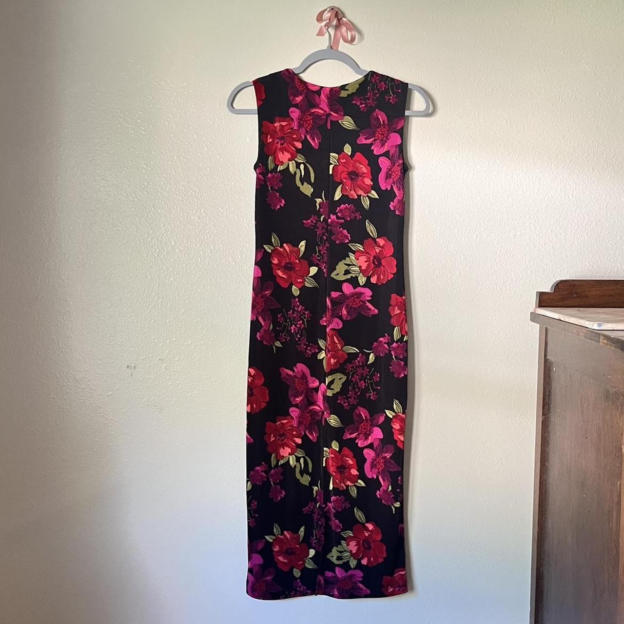 90s slinky and stretchy black floral maxi dress with... - Depop