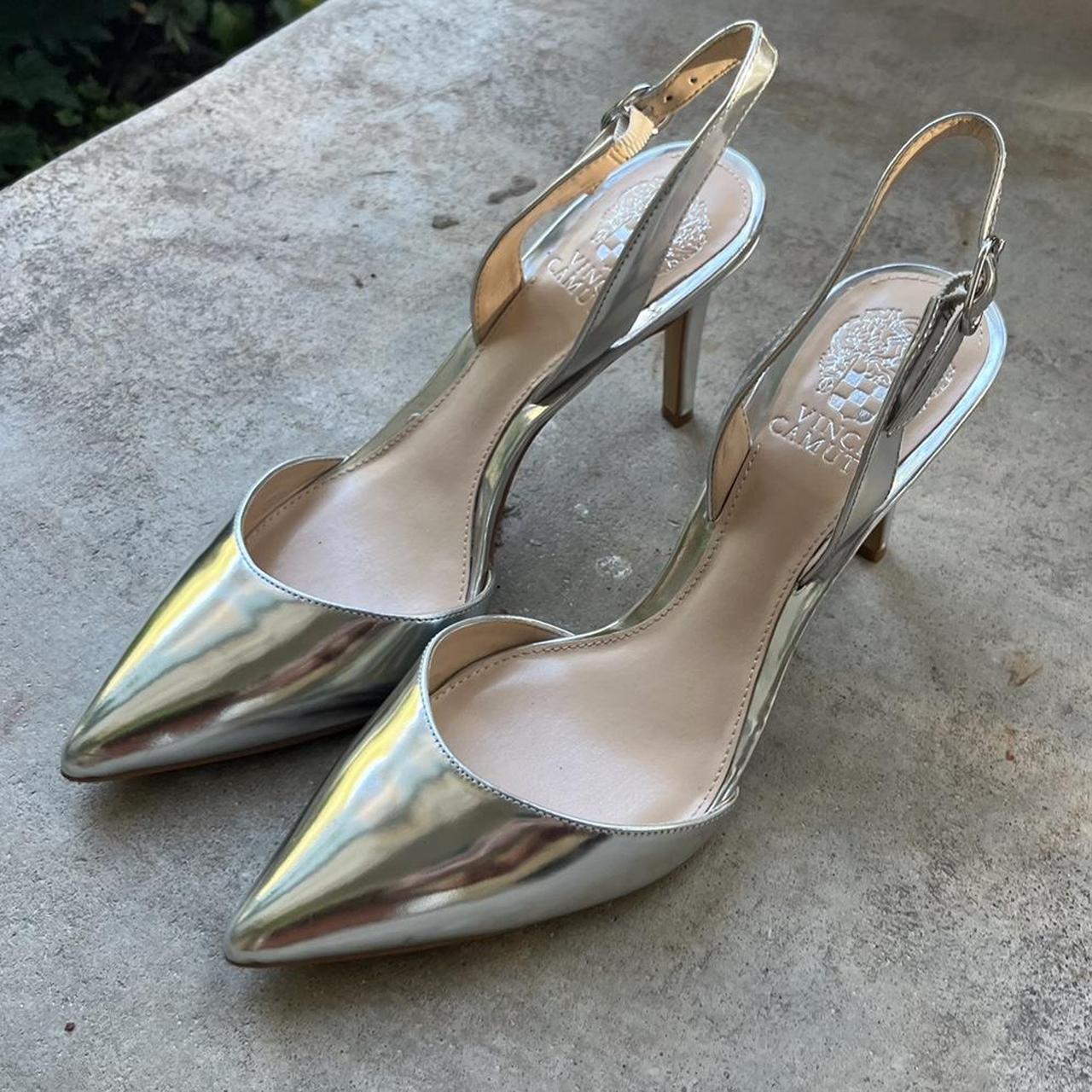 metallic silver chrome pointy toe sling back heels... - Depop