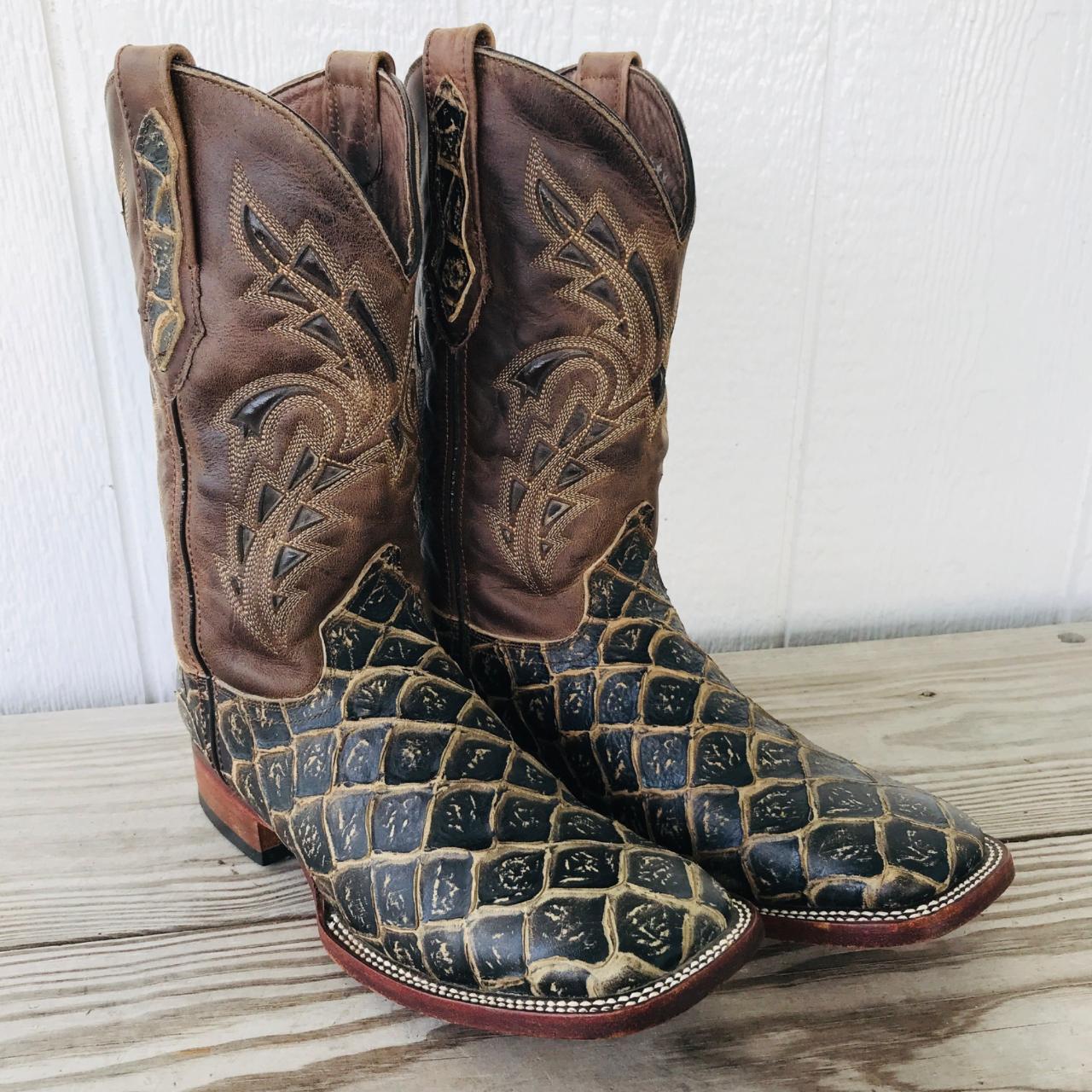 RockEm Pirarucu Print Mens Brown Leather Cowboy... - Depop