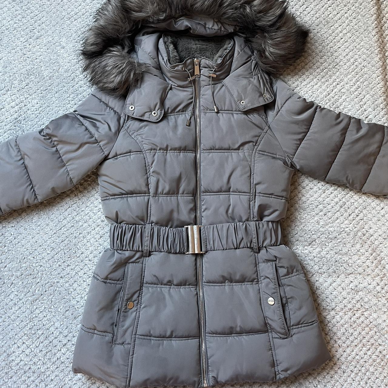 Women’s Grey puffer jacket with belt Faux fur hood... Depop