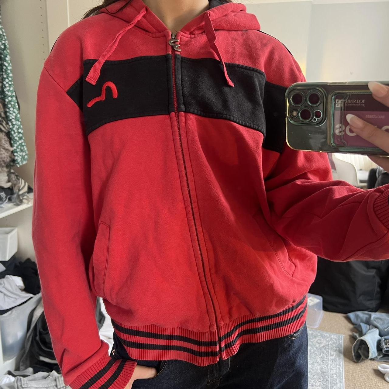 Evisu red and black zip up hoodie with tiger on back... - Depop