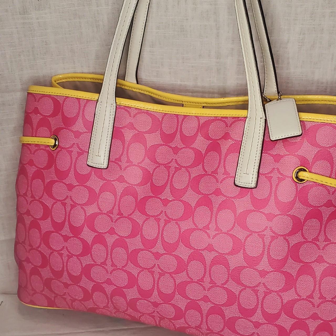 Coach pink and yellow stripe signature carryall tote | Depop