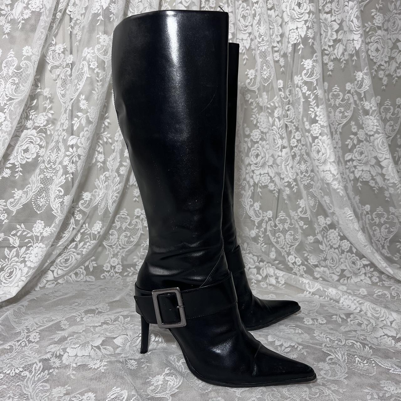 Vintage y2k Black Leather Buckle Boots size 6 / 39... - Depop