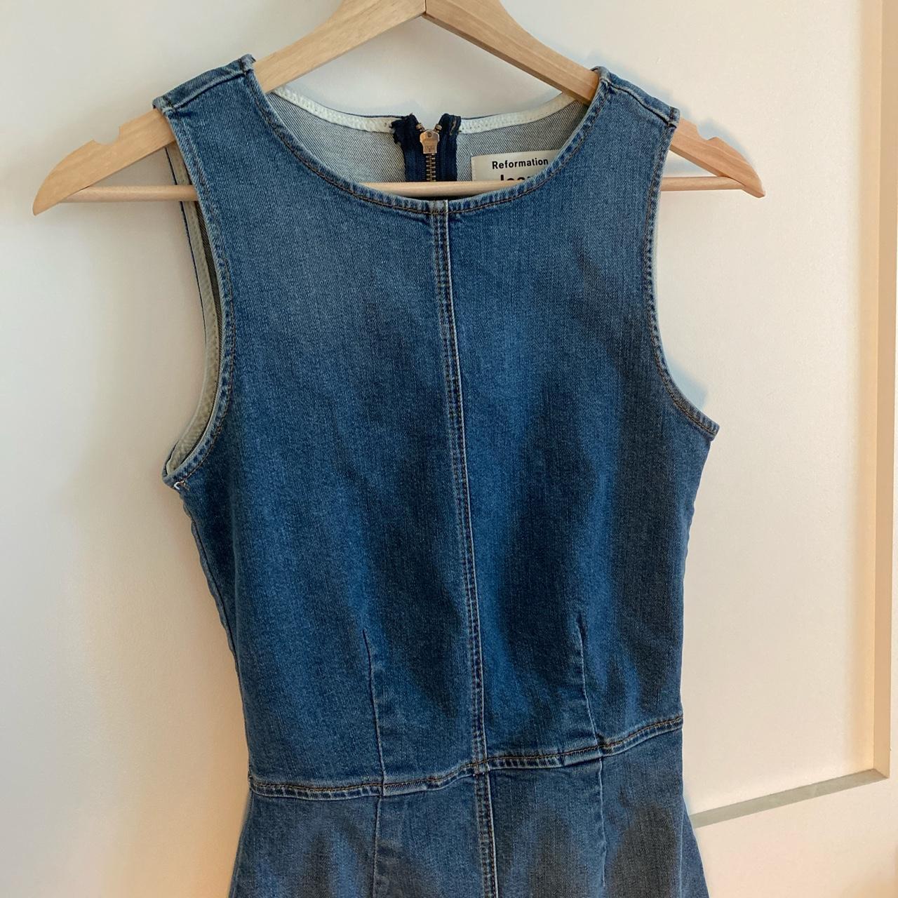 Denim mini dress from Reformation. Size 0 super cute... - Depop