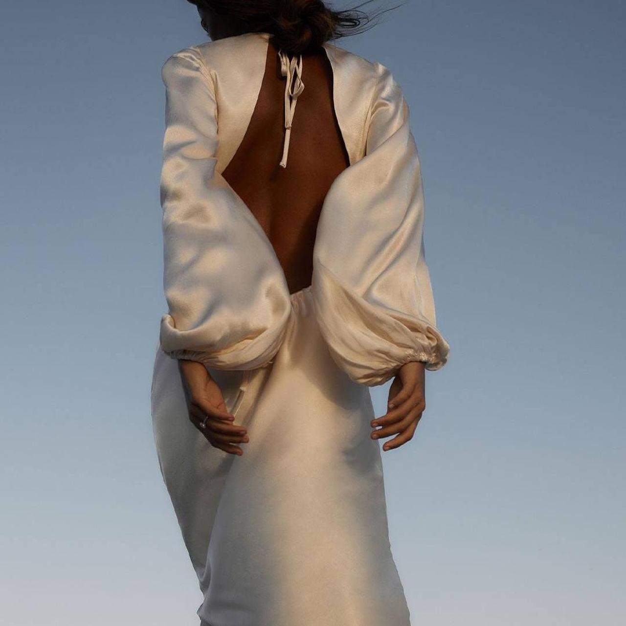 Cream midi dress, elegant open back, balloon sleeves... - Depop