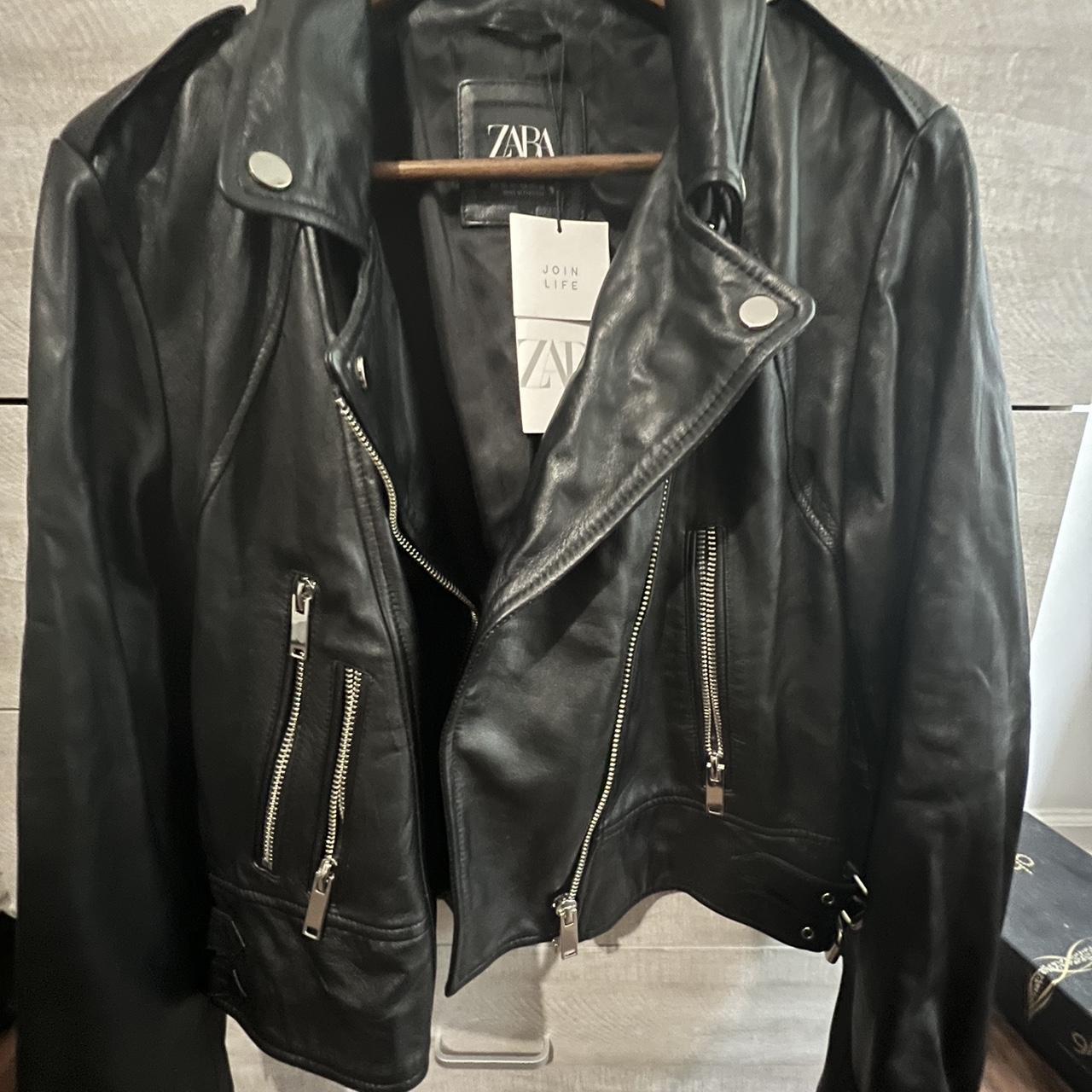 Zara genuine black leather biker jacket size XXL.... - Depop