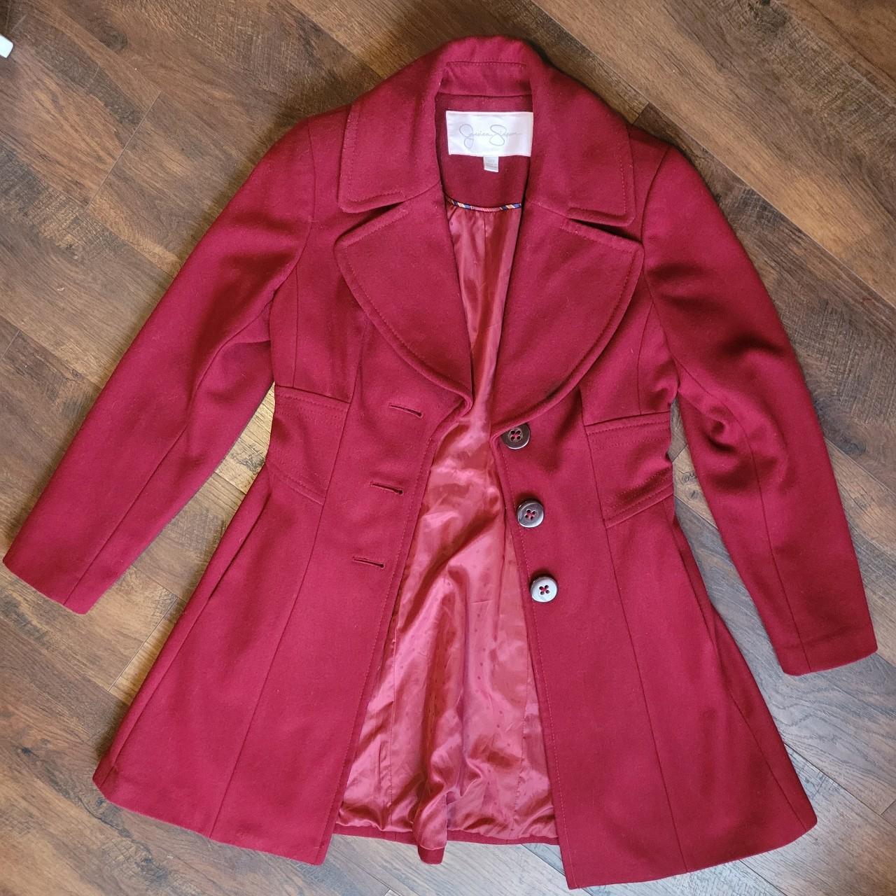 Jessica Simpson red wool knee length winter dress coat - Depop