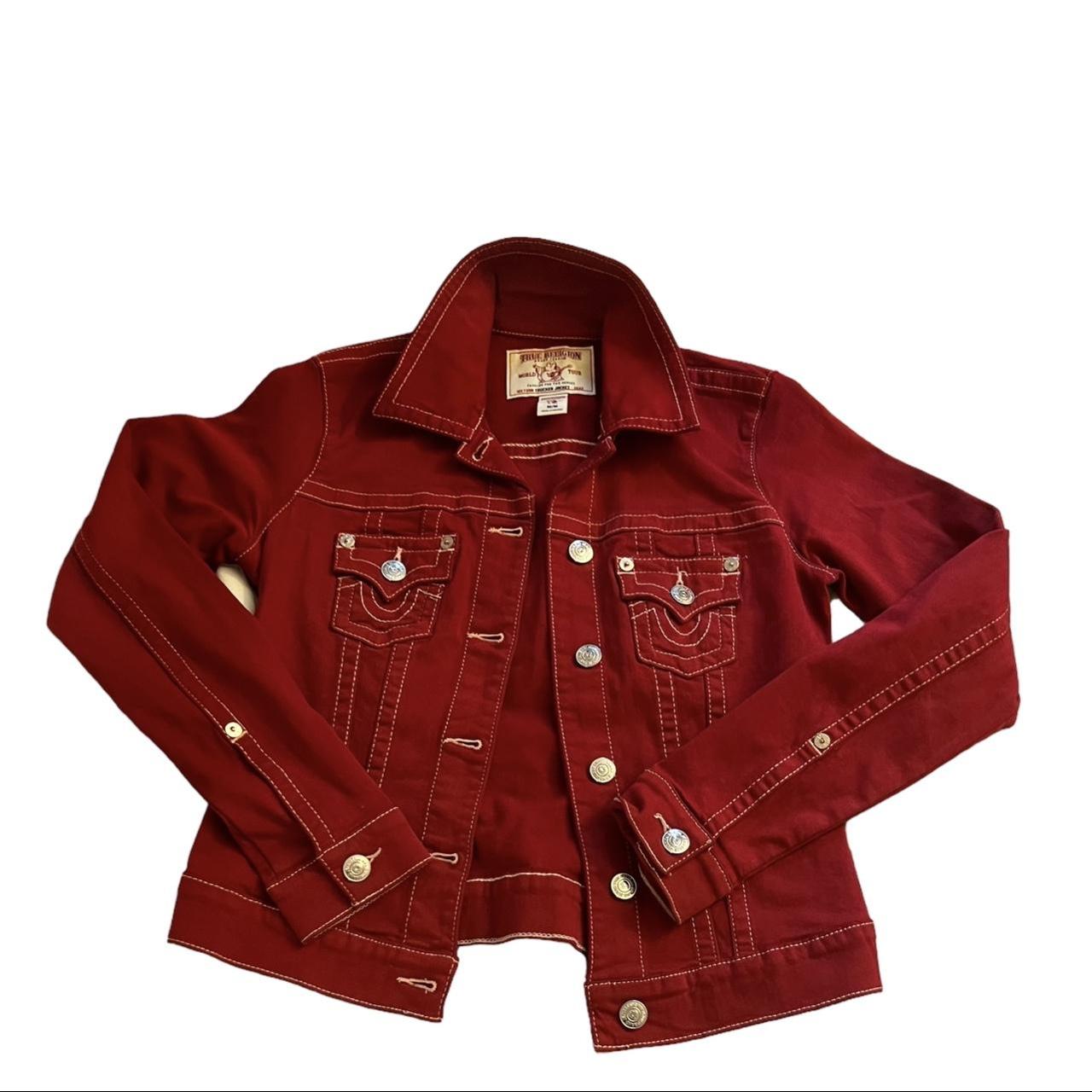 True Religion Red Denim Jacket Size: Medium... - Depop