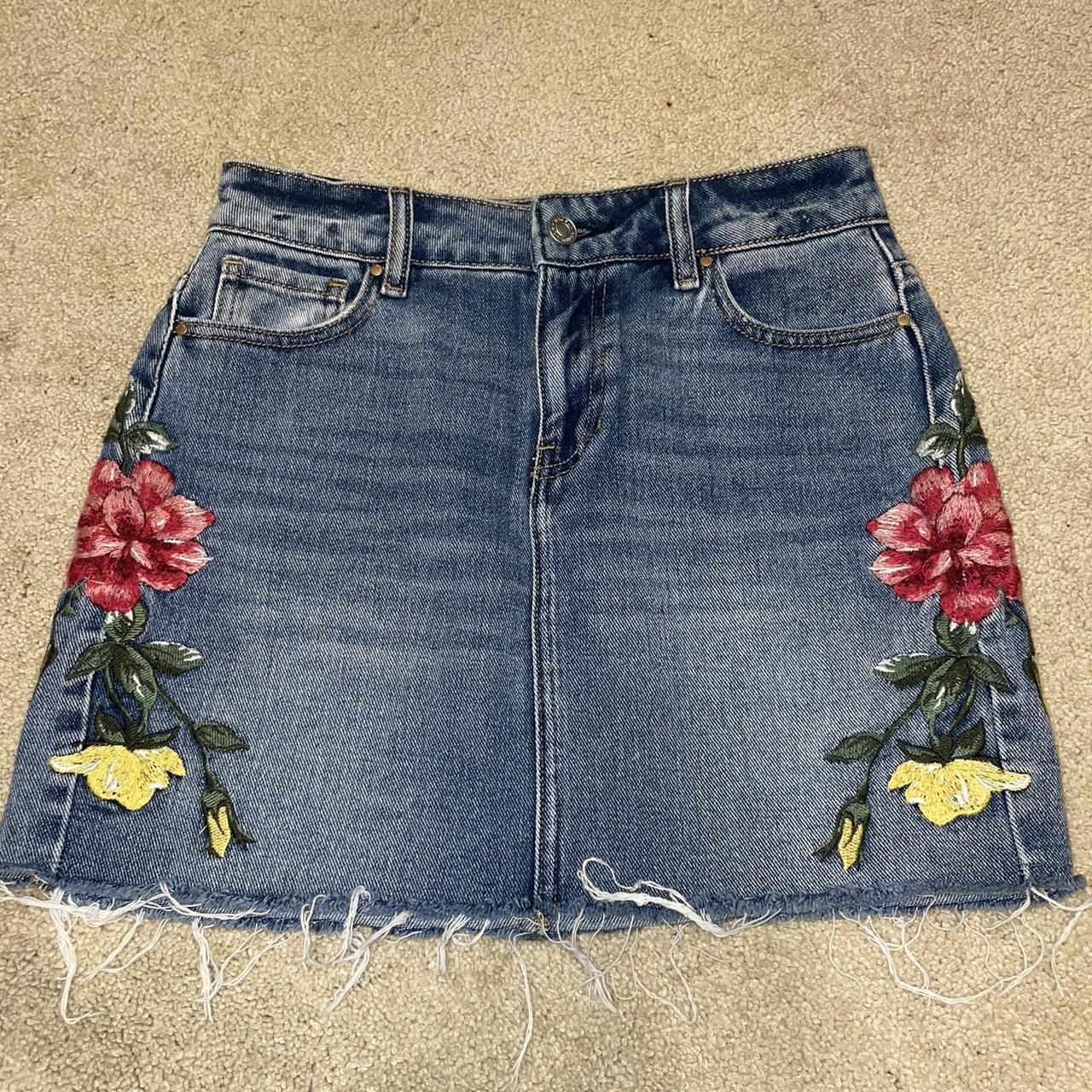 Pacsun Floral Denim Skirt Size 24 which fits an... Depop