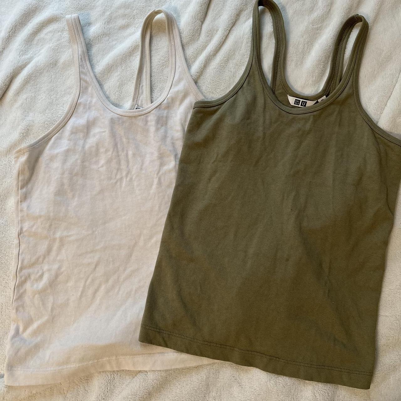 UNIQLO Olive Green and White Tank Top - basic... - Depop