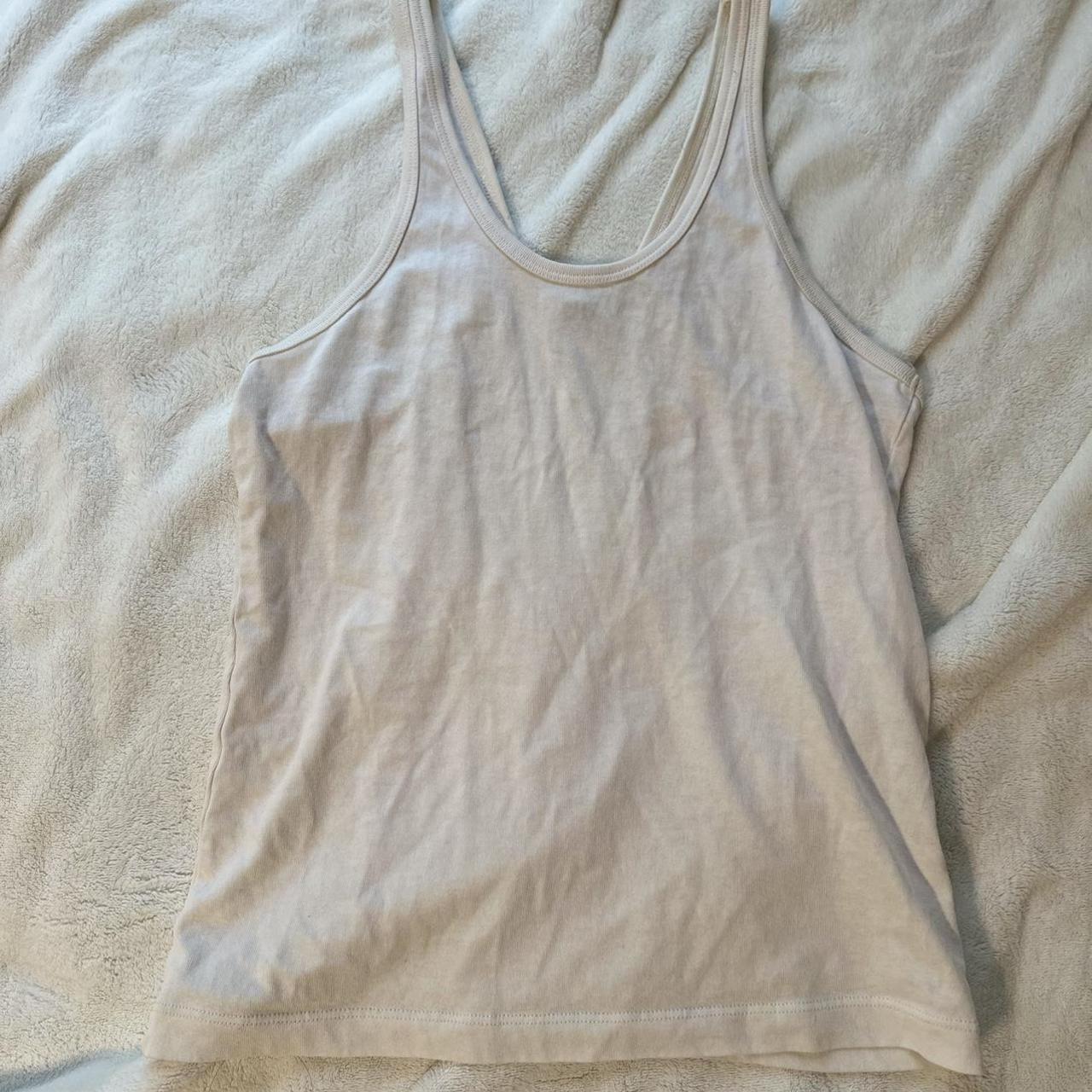 UNIQLO Olive Green and White Tank Top - basic... - Depop