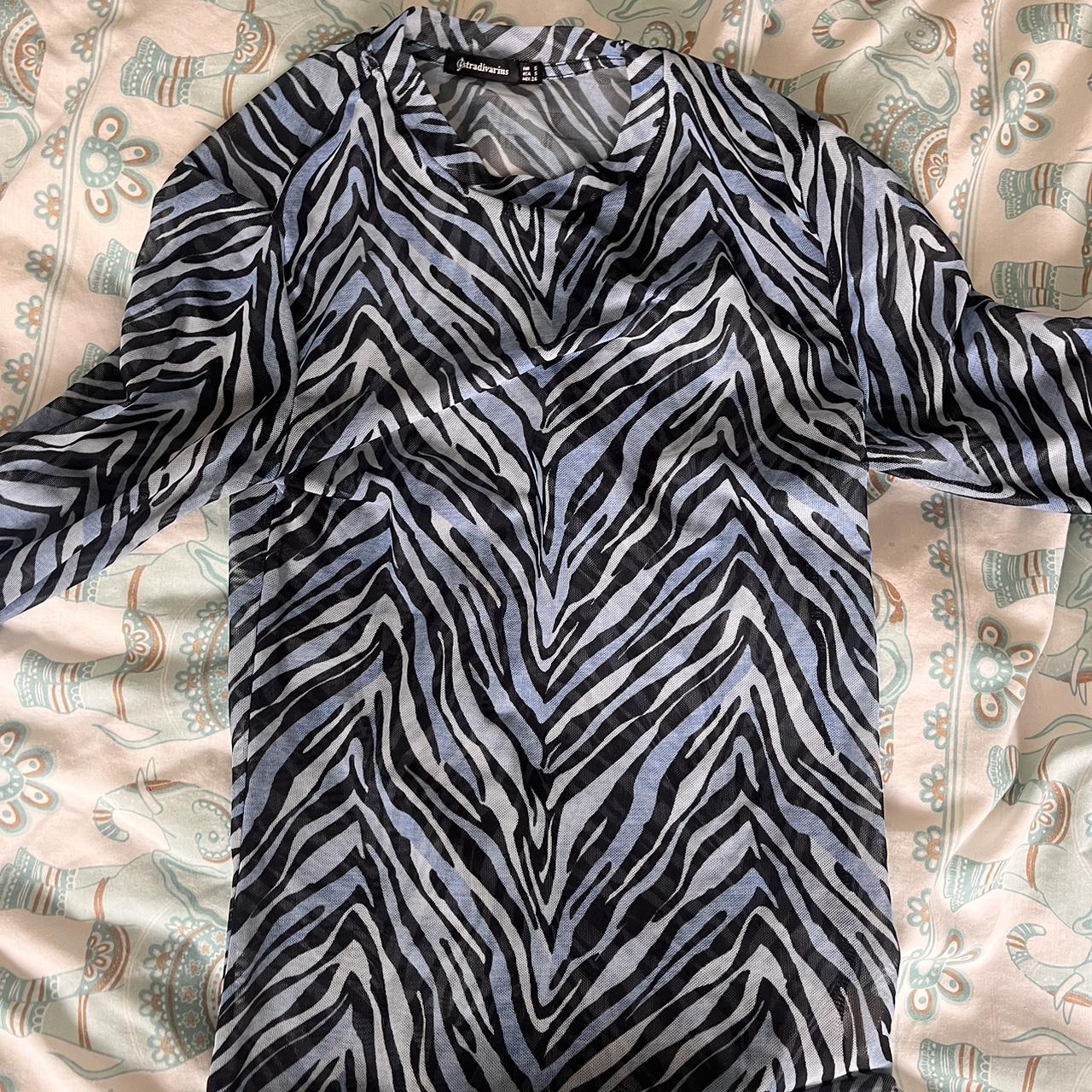 Mesh zebra blue and white and black print top.... - Depop