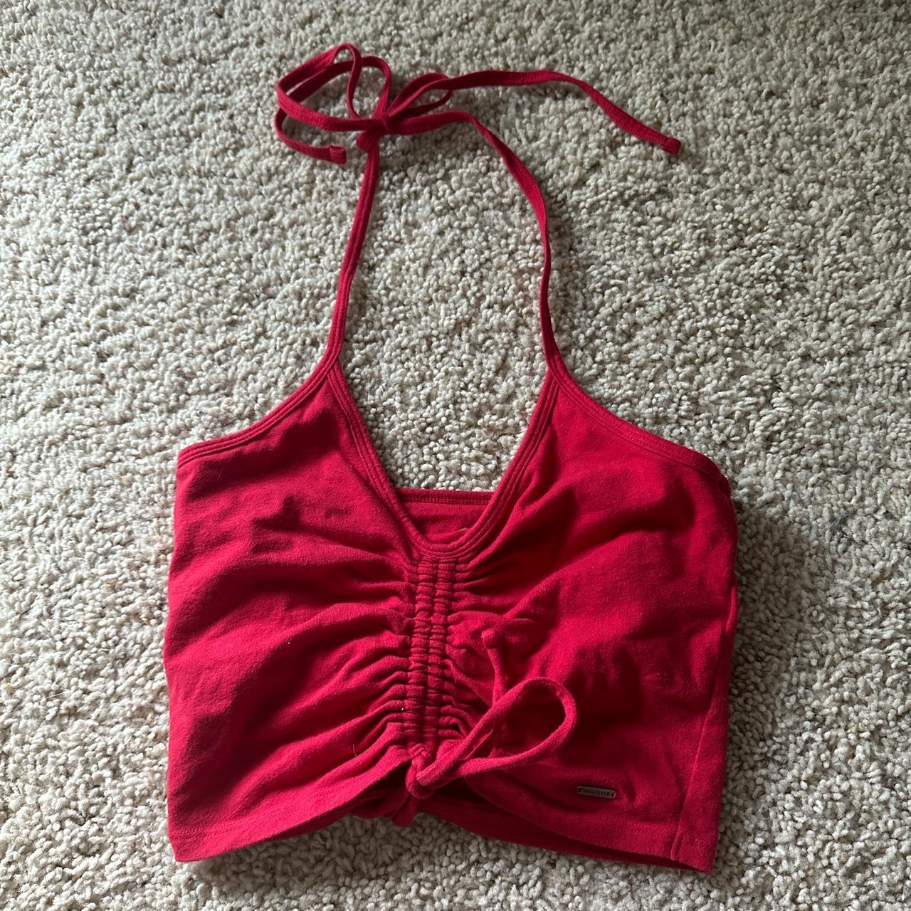 red hollister cropped tank halter neck (ties) size... - Depop