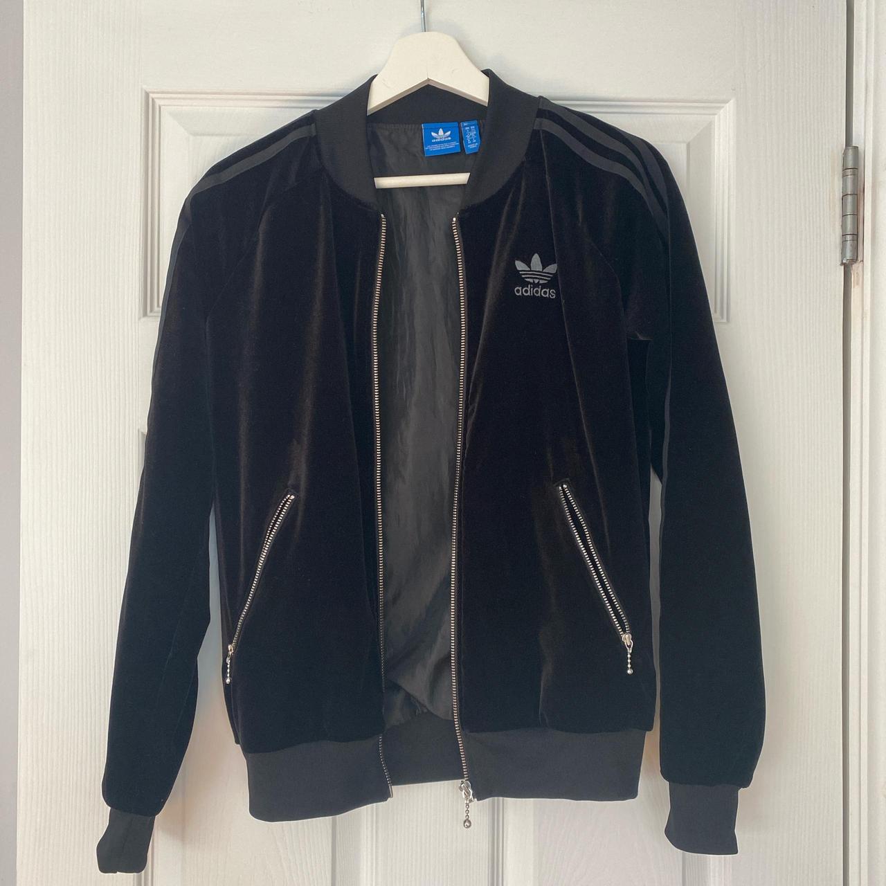 Adidas black velour bomber tracksuit jacket. Size 6