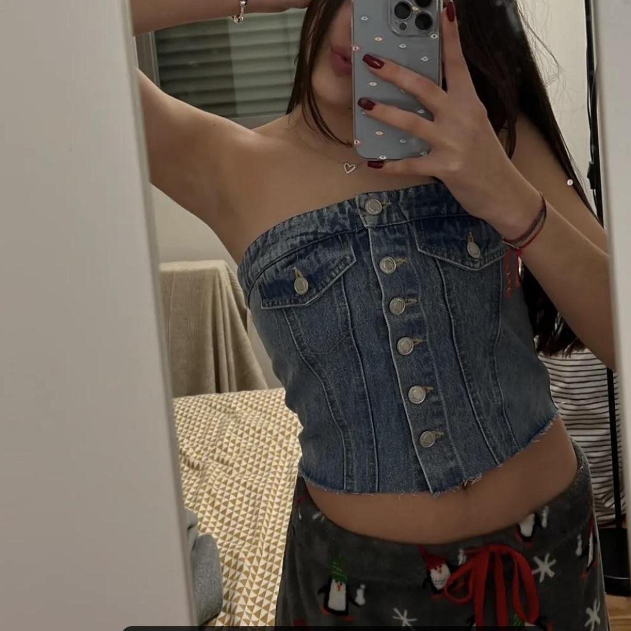 Denim strapless bandeau button up top Perfect for... - Depop