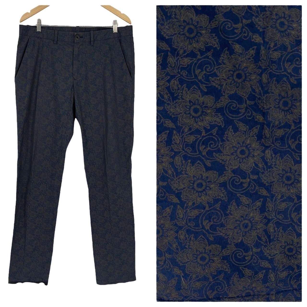 Stile Benetton Pants Floral Paisley Navy Gold Slim... - Depop