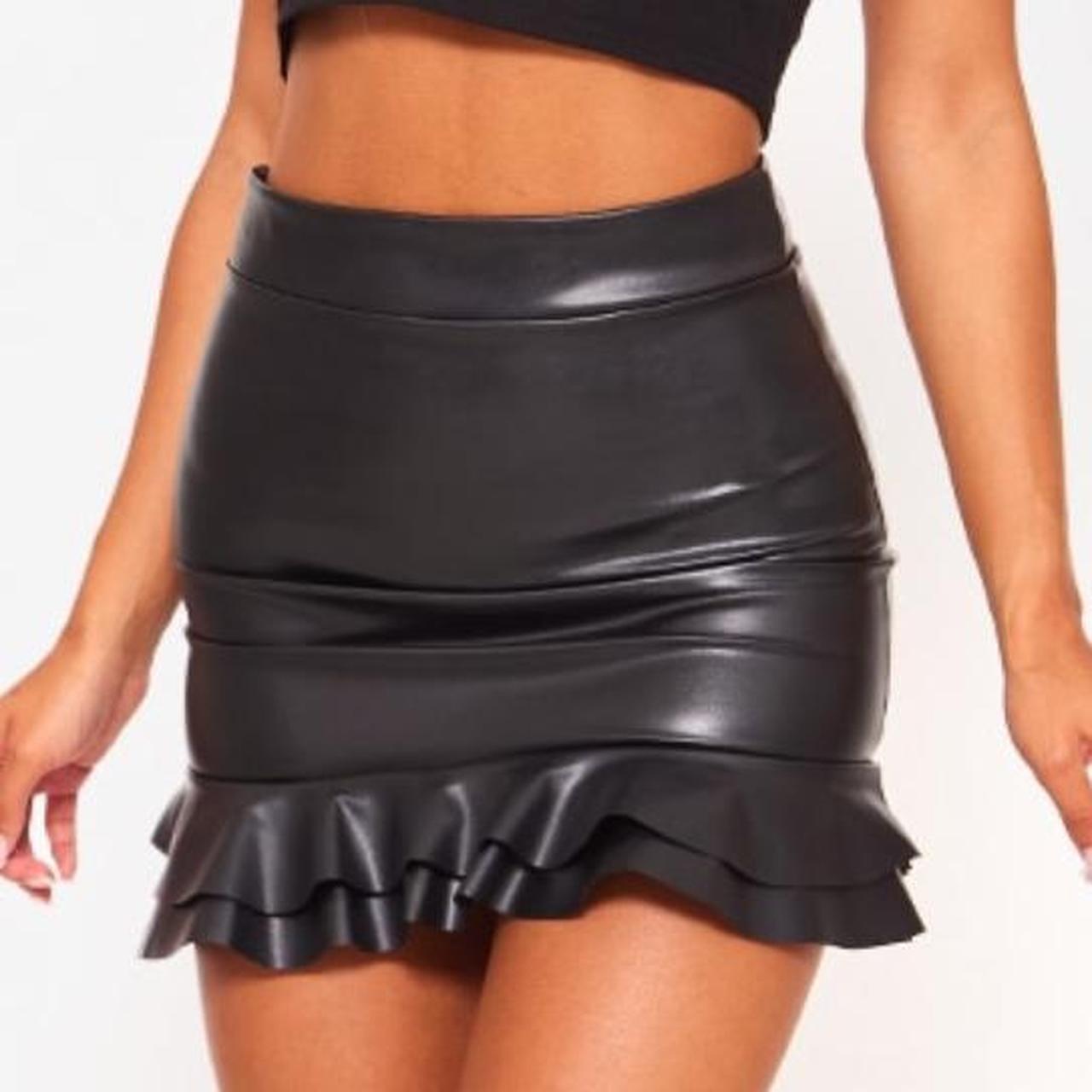 Black Faux Leather Frilled Hem Mini Skirt