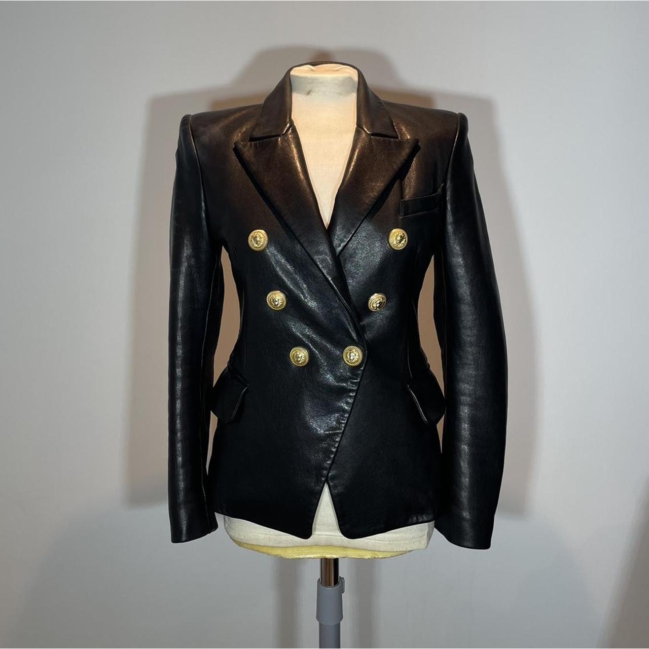 Balmain Black Leather Blazer with Gold Buttons,