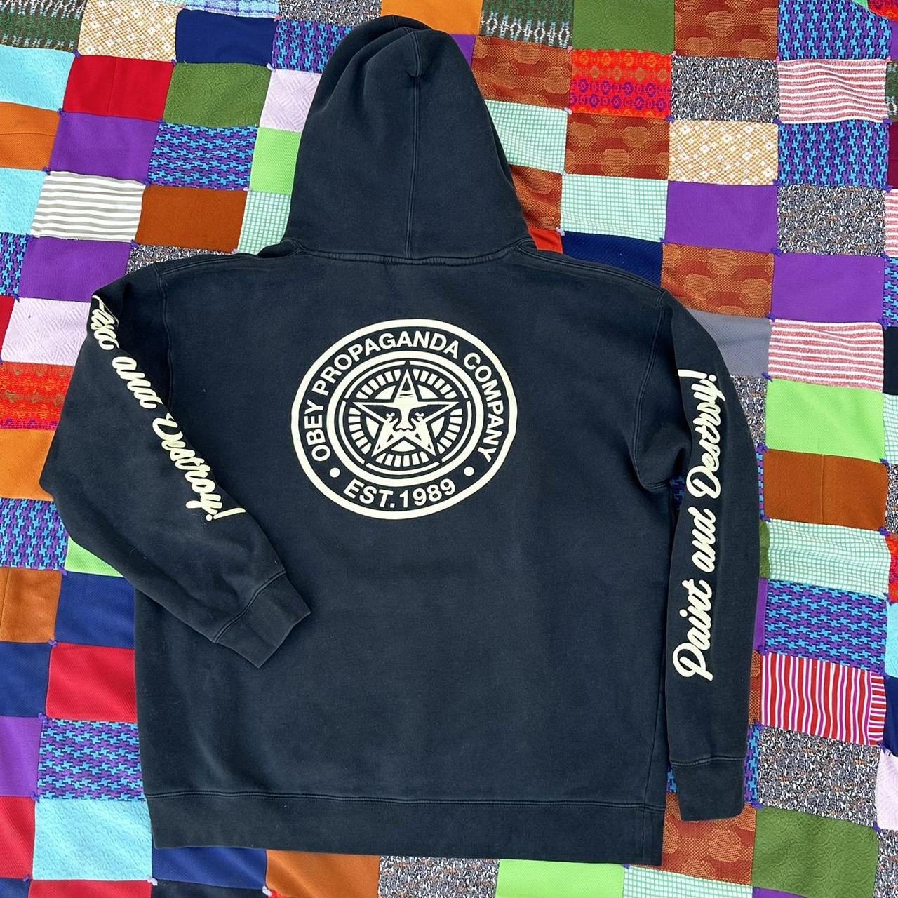 Obey Men's Black and Cream Hoodie Depop