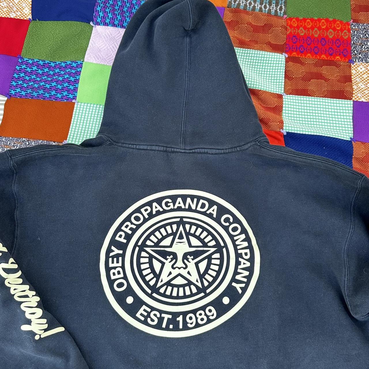 Obey Men's Black and Cream Hoodie Depop