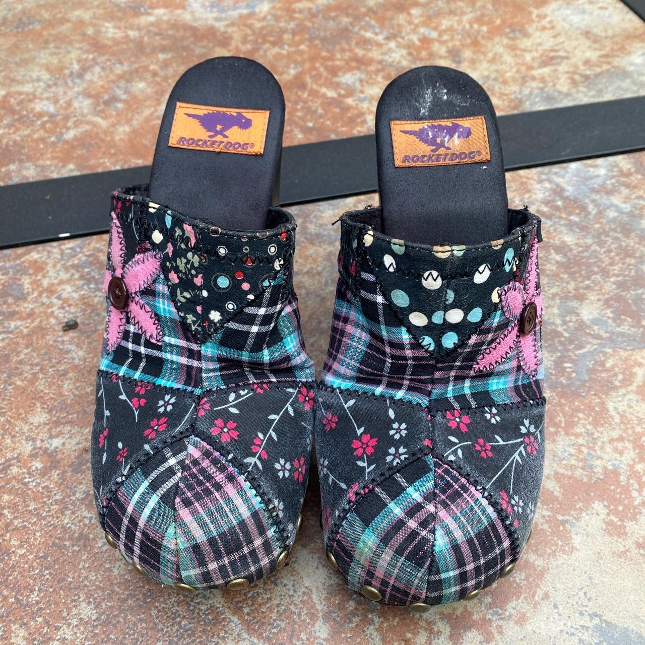 Vintage Rocket Dog Wedge Mules from 90s Patchwork... Depop