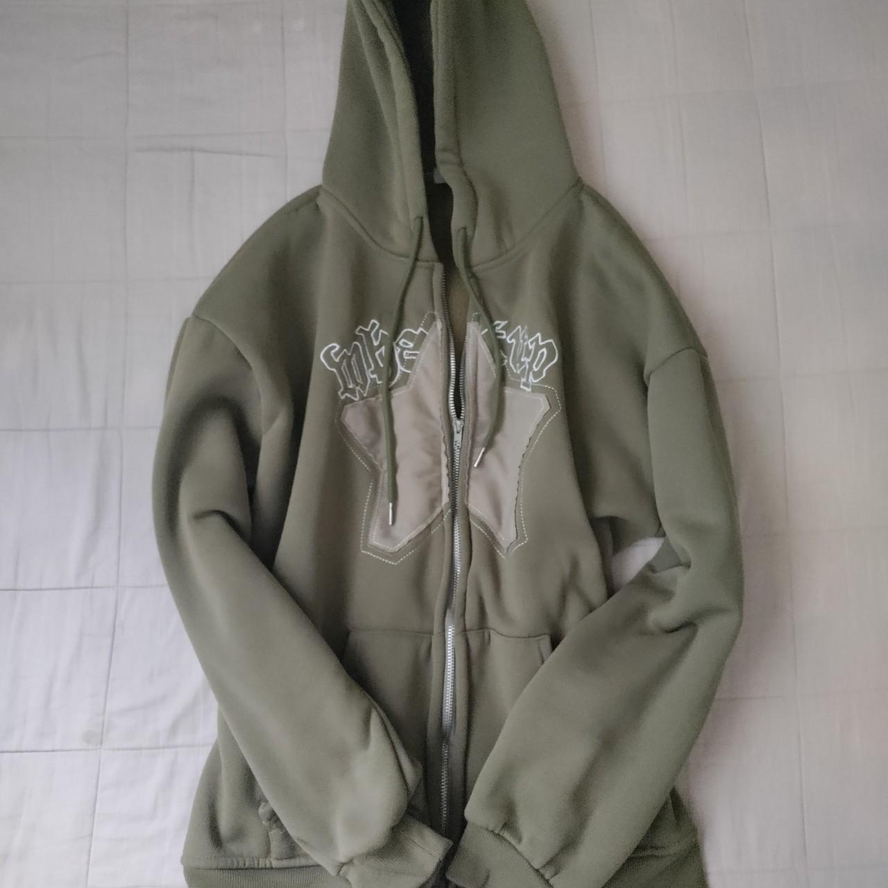 cute comfy star print olive green zip up hoodie... Depop