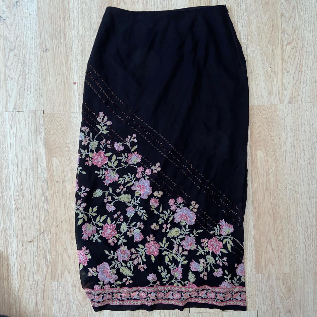 ann taylor black 100% silk maxi skirt with beaded... - Depop