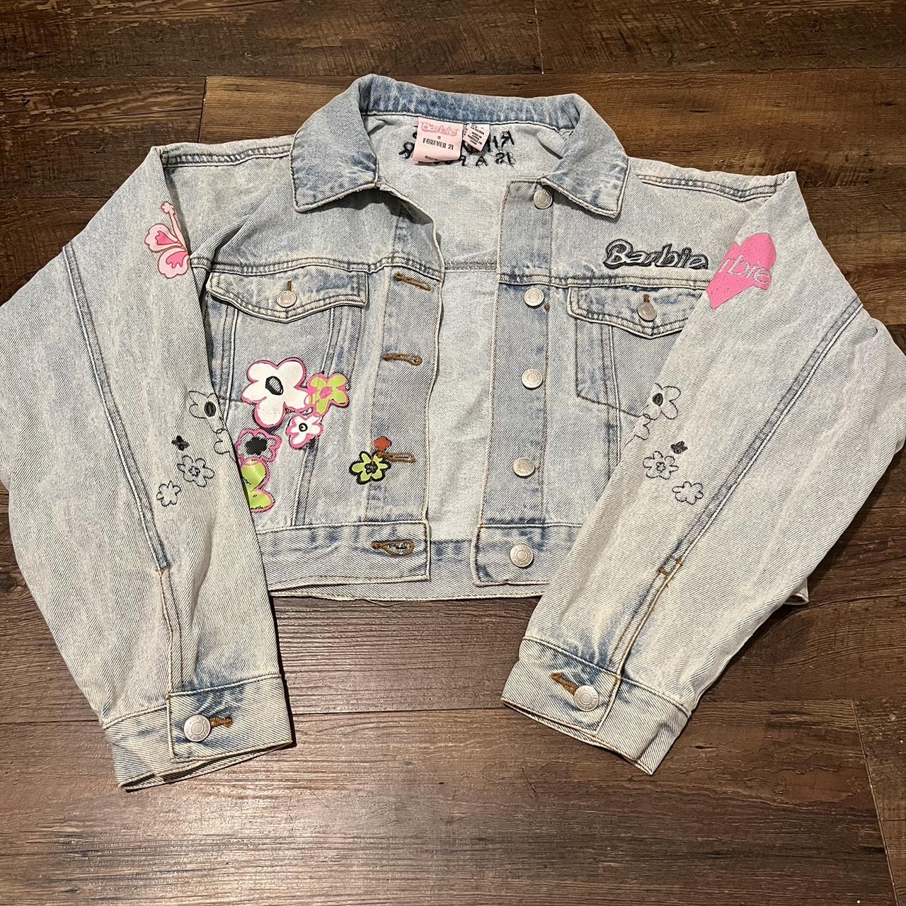 Barbie denim jacket with embroidered flowers and. Depop