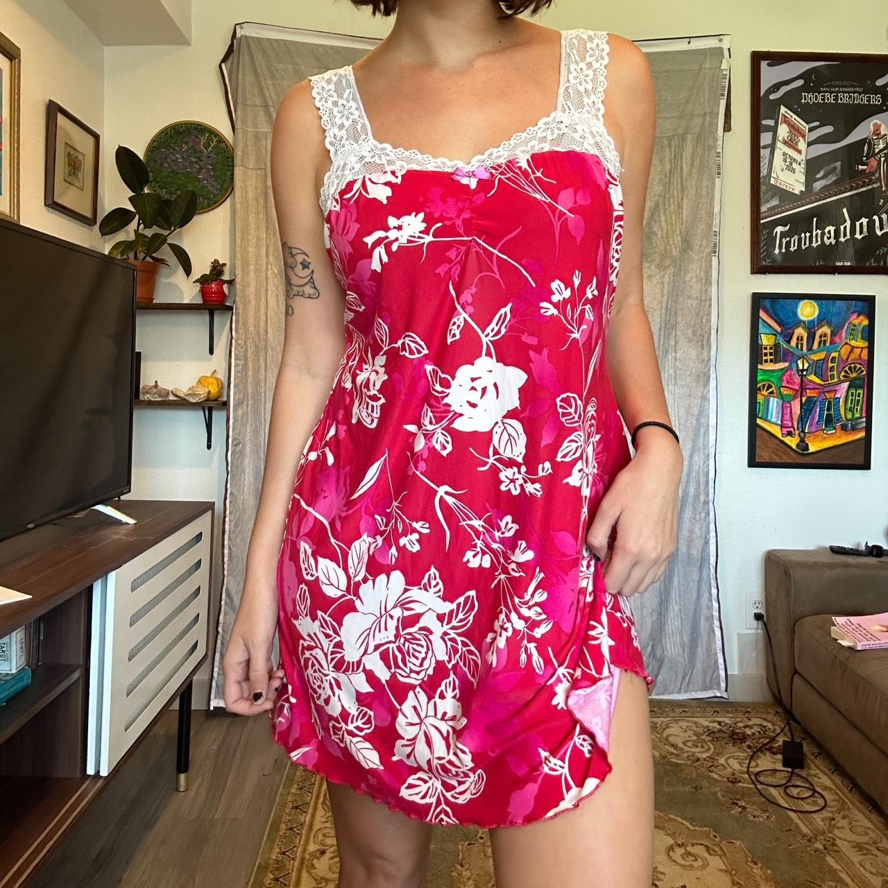 Ambrielle pink floral slip dress with white lace and - Depop