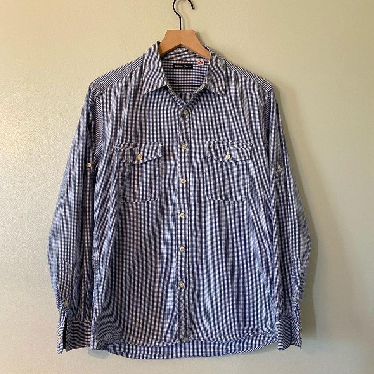 Uniqlo Mens Blue Gingham Button Down Premium Cotton... - Depop