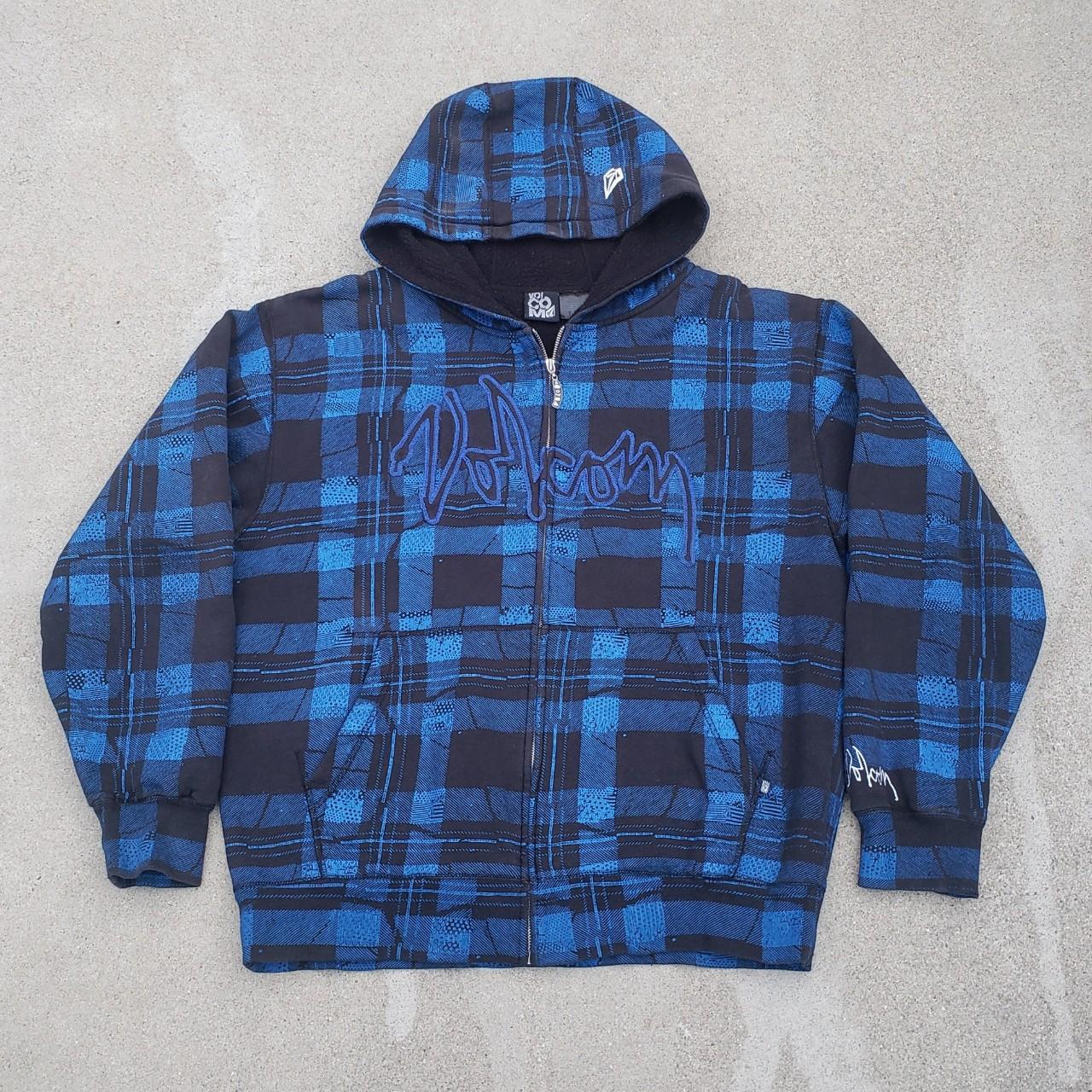 Y2K Volcom Blue Plaid Zip Up Hoodie size Large Heavy | Depop