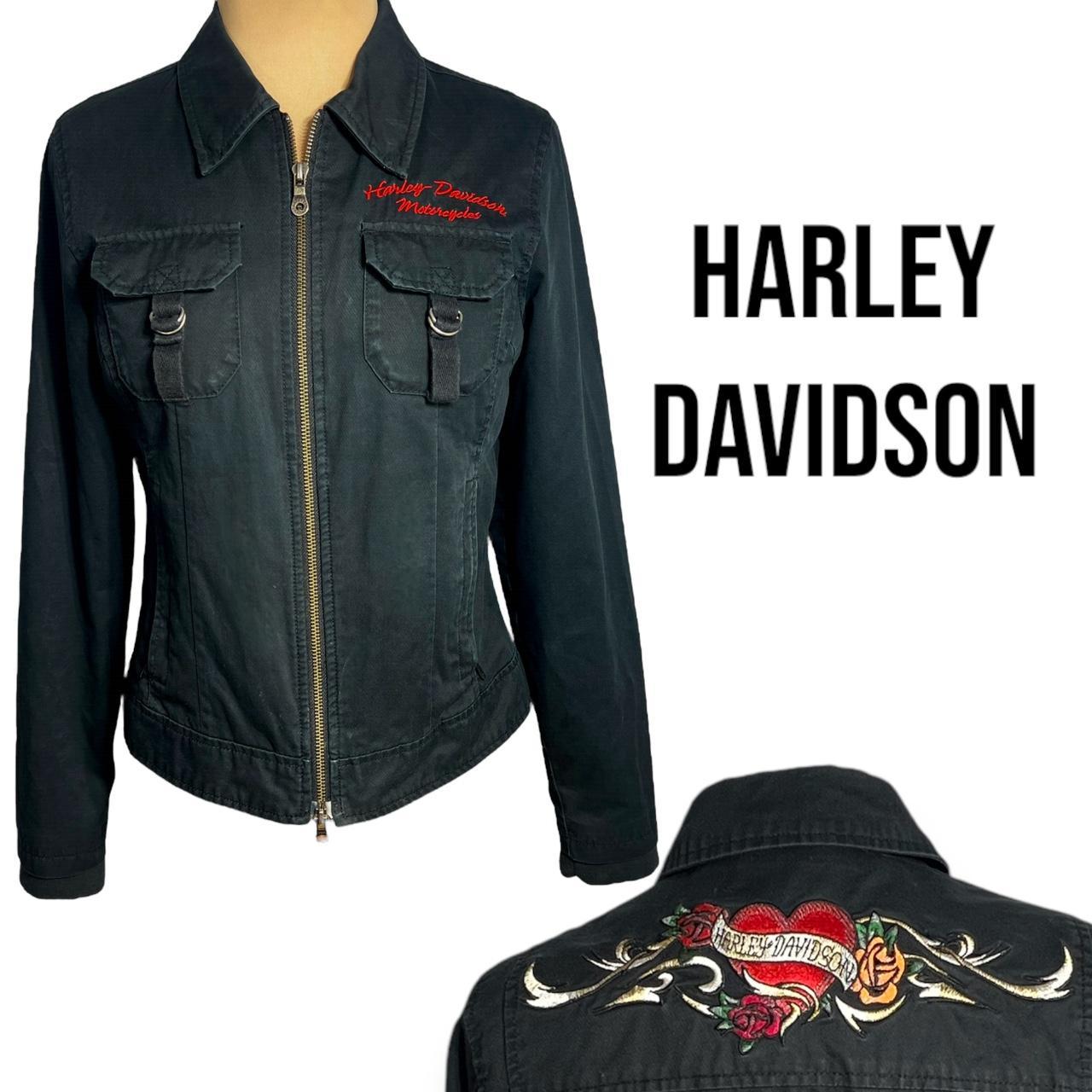 Womens high quality Harley Davidson Black Embroidered Zip Front Motorcycle Jacket