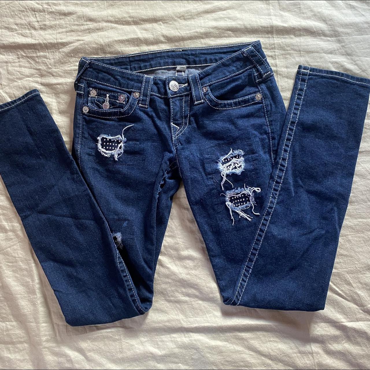 Low waist skinny True Religion jeans with rhinestone - Depop
