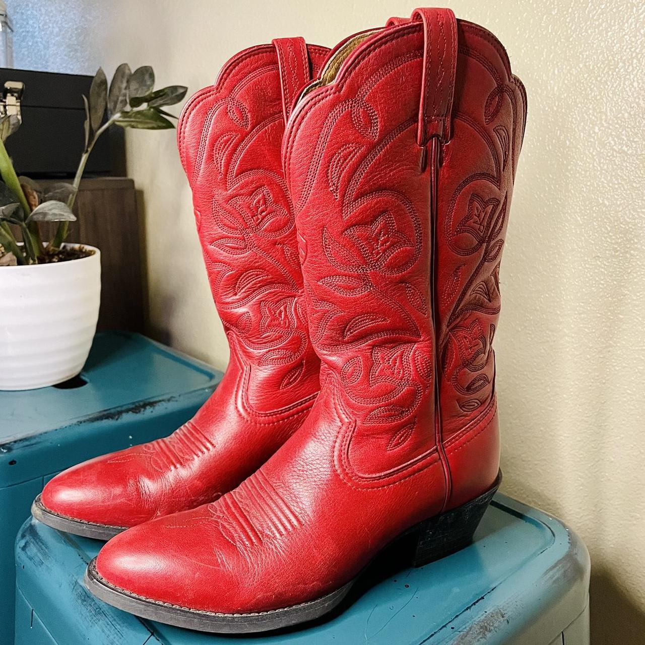 🐮Red Genuine Leather Cowgirl Boots -Size 6.5... - Depop