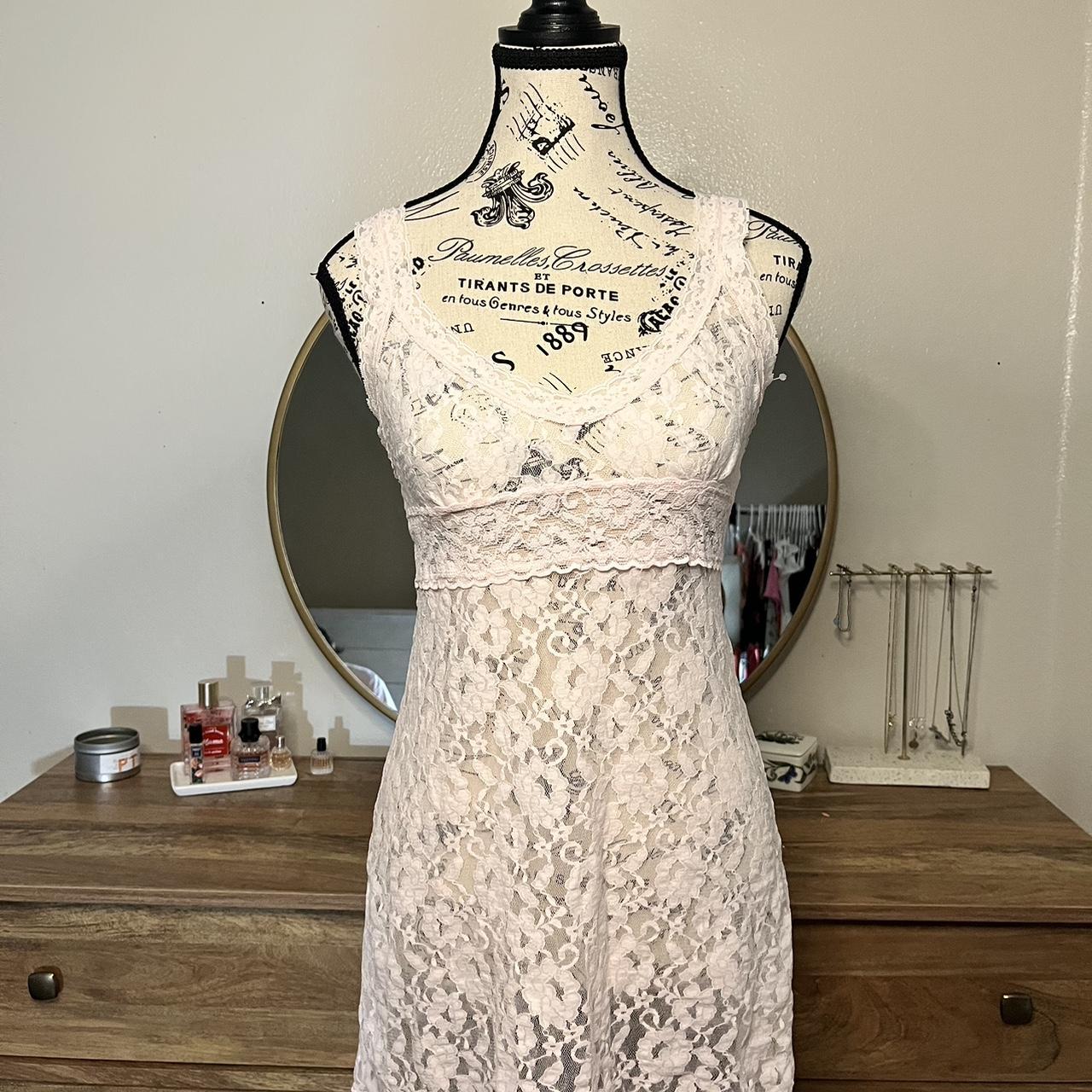 Beautiful baby pink lace dress mini super cute 90s... Depop