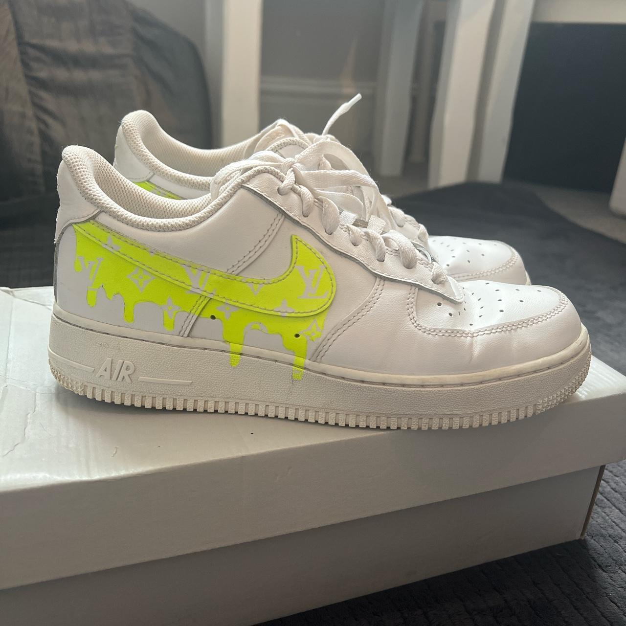 Nike Air Force 1 in white. Neon yellow LV print.... - Depop