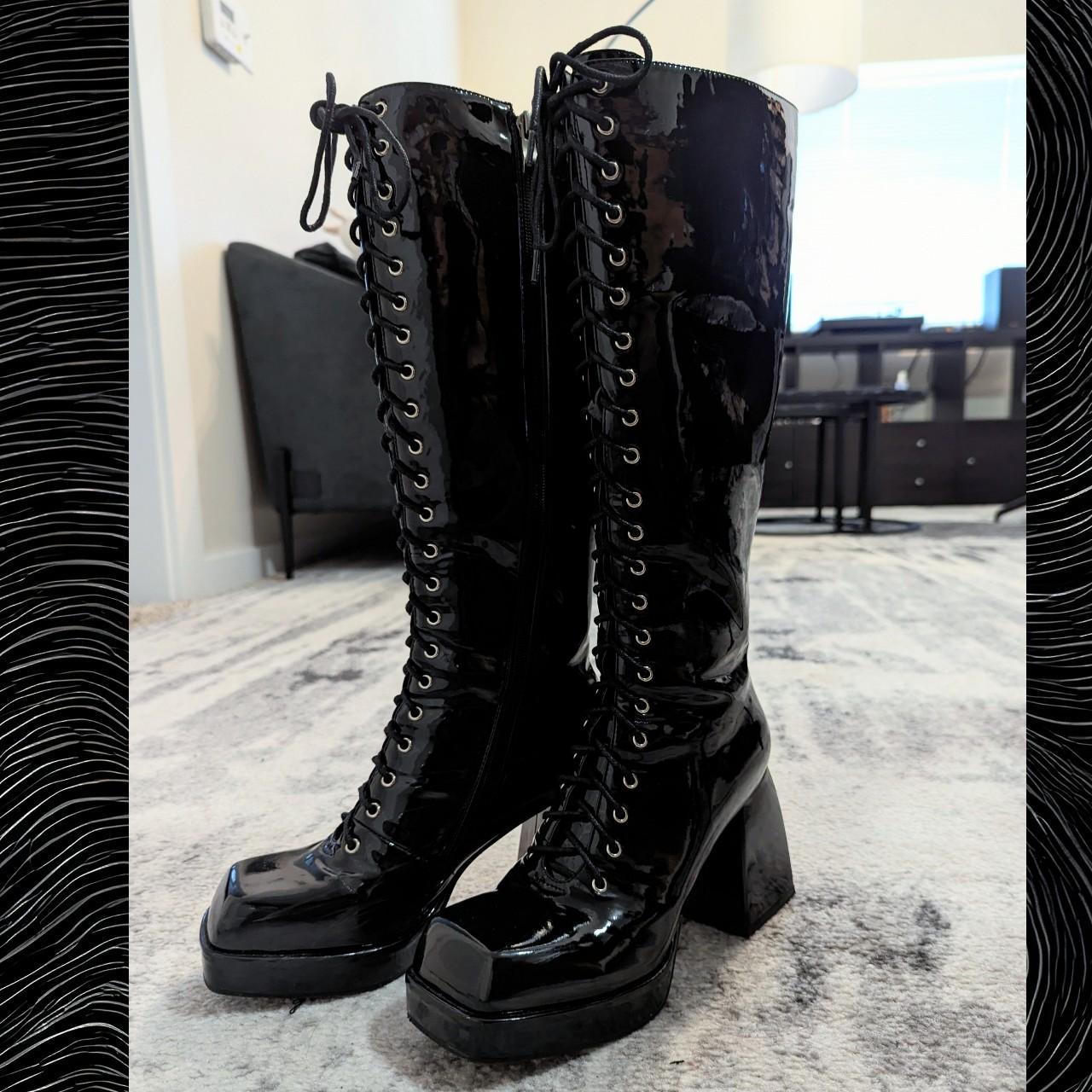 Patent PVC vinyl block heel knee high boots with... Depop