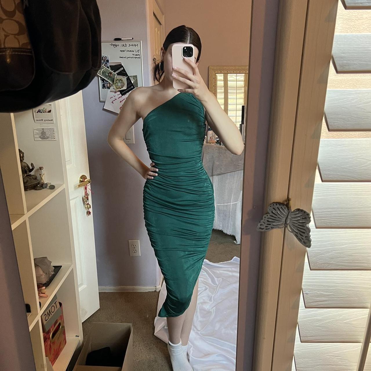 - One Shoulder Emerald Dark Green Bodycon Cinched... - Depop