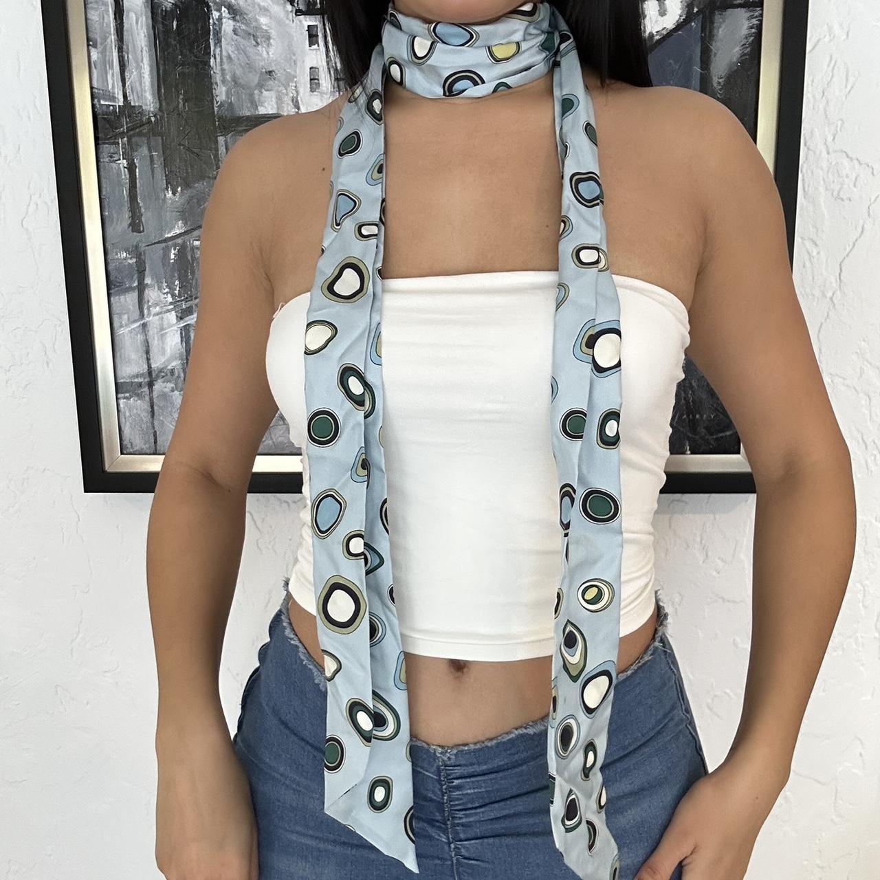 2000 s blue and green dot print silk skinny scarf by Depop