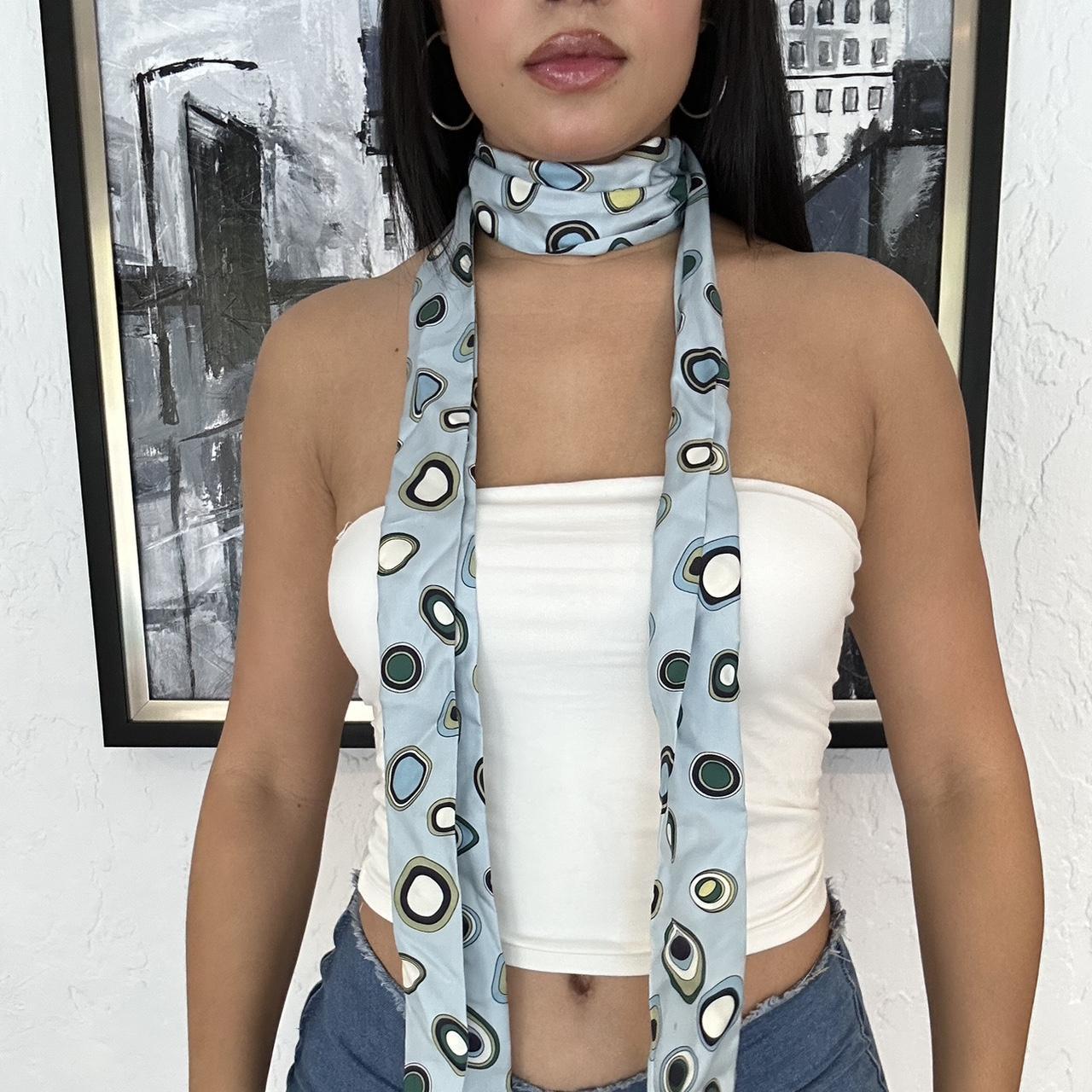 2000 s blue and green dot print silk skinny scarf by Depop