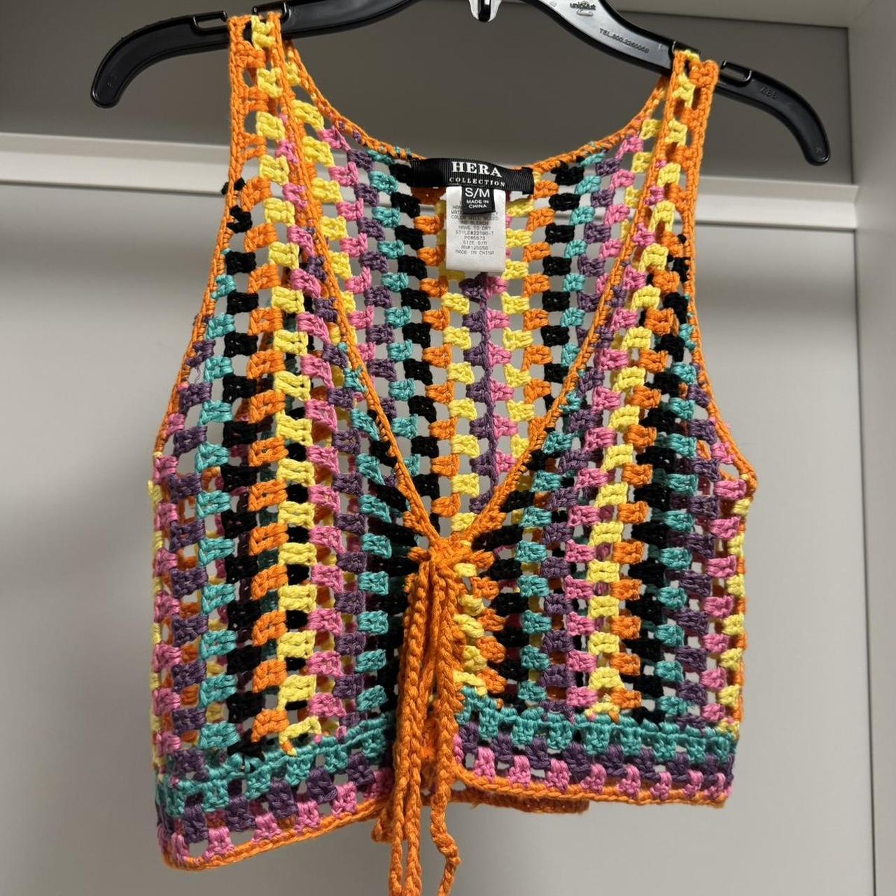 Vintage Handmade 70's crochet orders thread midi lenght colorful lightweight vest